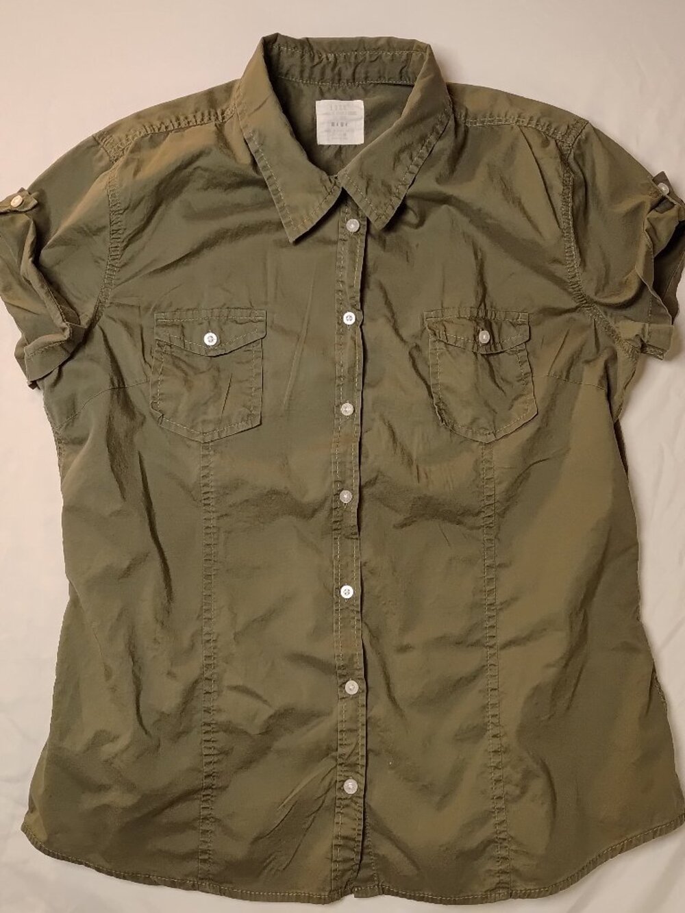 L.O.G.G Olive Green Short Sleeve Button Down Shirt Women with button-tab sleeves